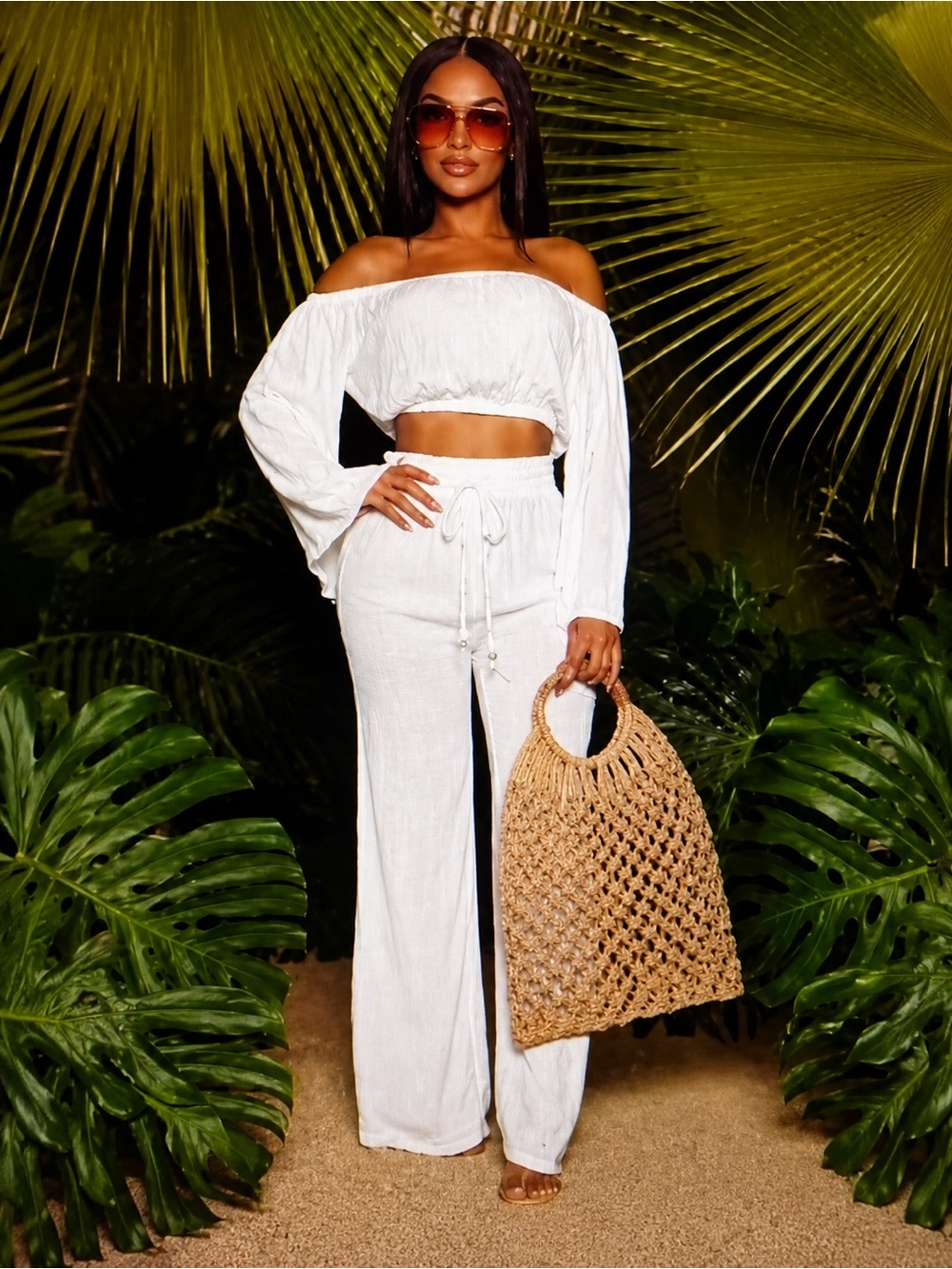Off-the-Shoulder White Linen Blend Wide-Leg Pants